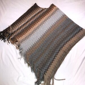 Trezo Womens Knit Poncho Brown Grey Zigzag Chevron Fringe Wrap One Size Boho